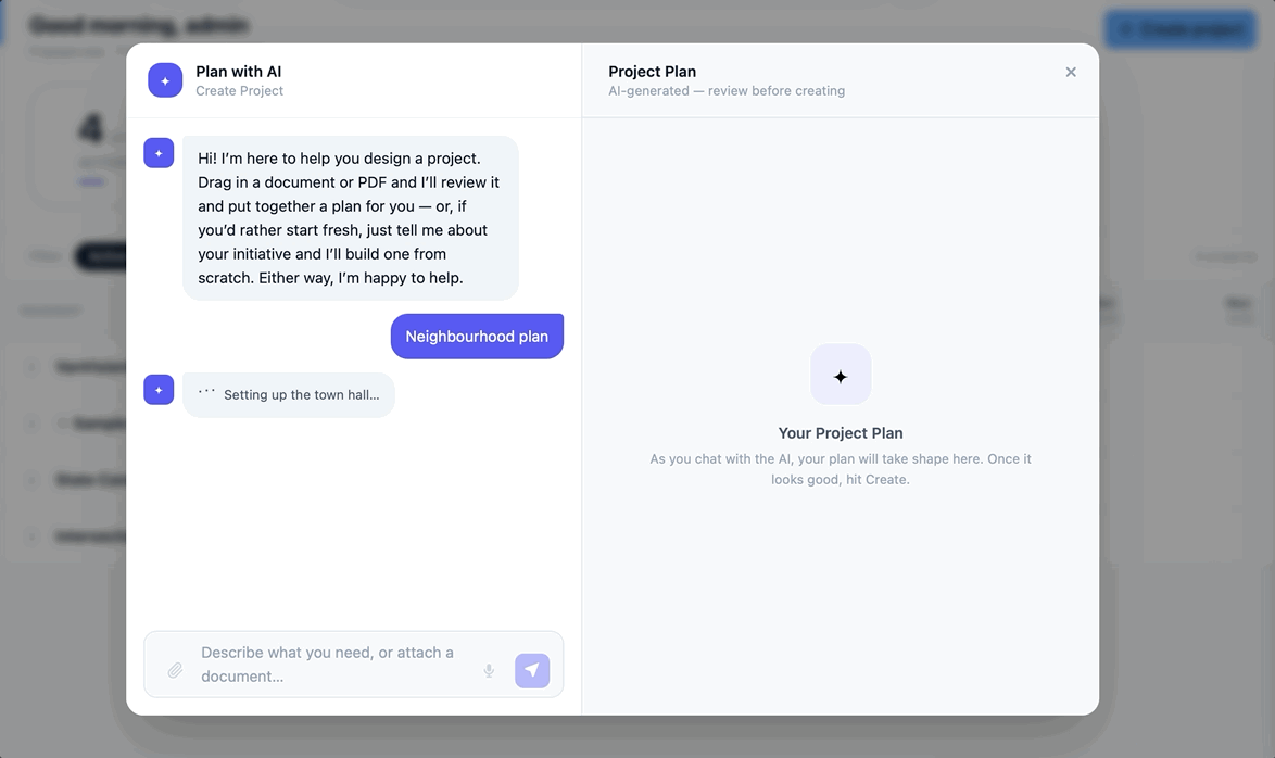 The EngageLeap Plan with AI panel, drafting a project plan from a short description