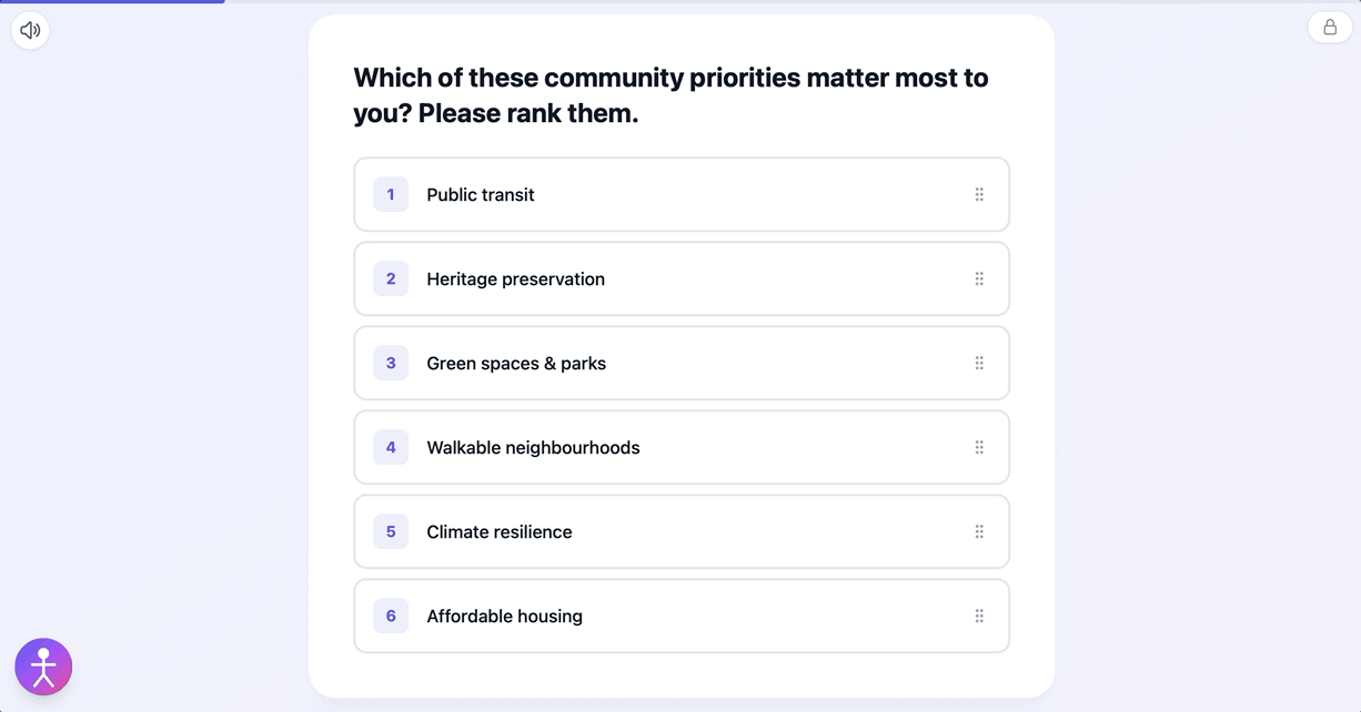 An EngageLeap survey as a respondent sees it, ranking community priorities